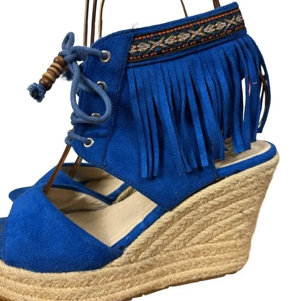 Miim Opava Blue Suede Leather Wedge Espadrille Fringe Sandals Shoes Platform 8